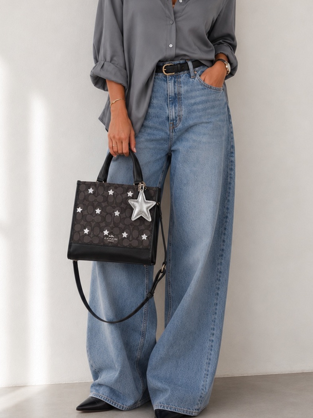 Coach Dempsey bag tote 22 on black and gray with stars embroidery and charm